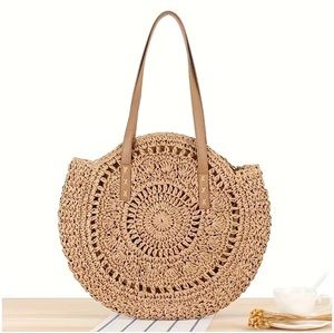 Boho Round Woven Straw Tote Bag. NWT